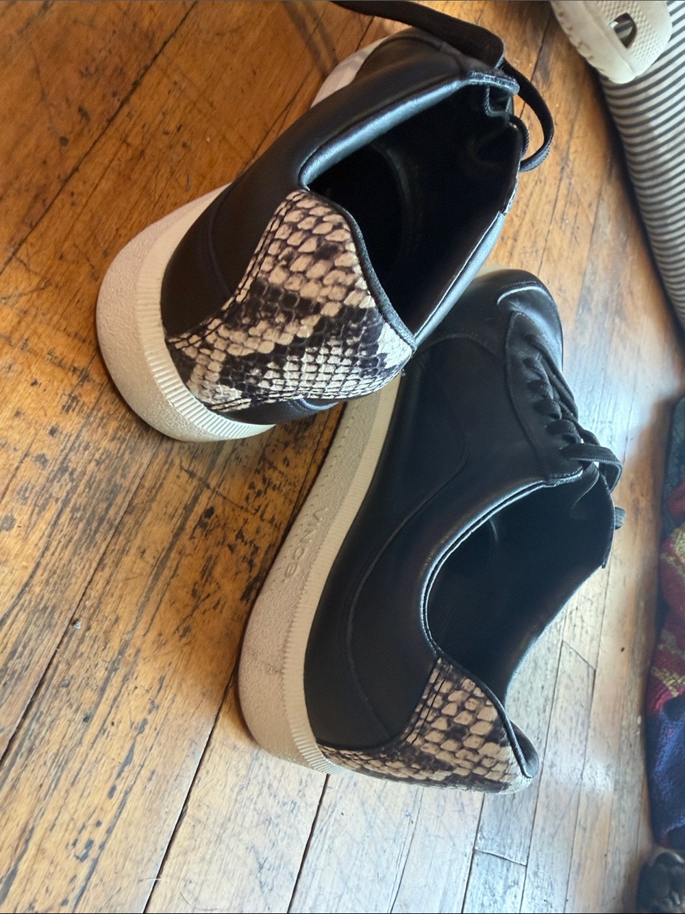 Vince Black Leather Sneakers with Snakeskin Heel Accent | Size 5.5
